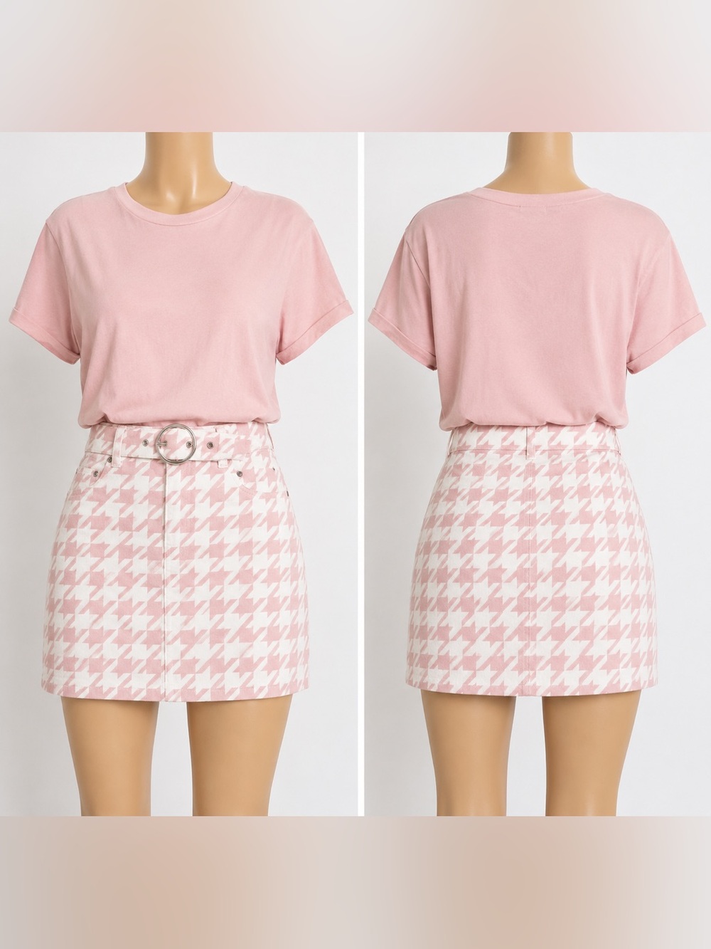 Bershka Pink And White Hound-Stooth Print Skirt AND Short Sleeve Cropped T-shirt